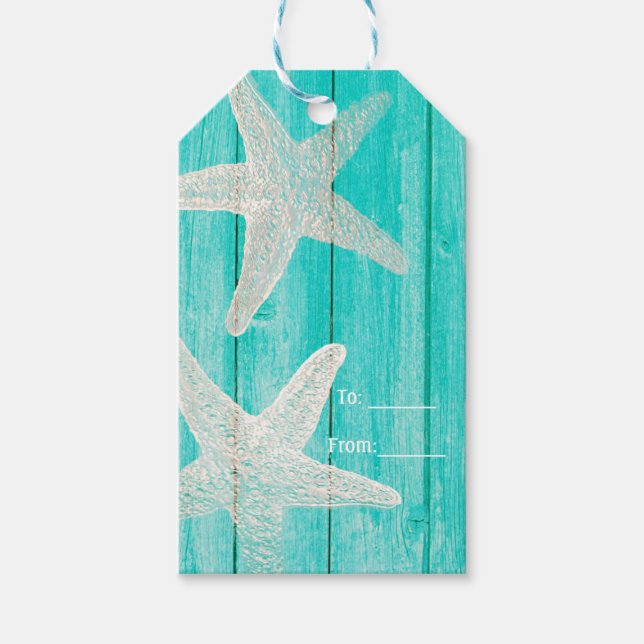 Aquamarines Holz & Starfish Strand Elegantes Gastg Geschenkanhänger (Vorderseite)