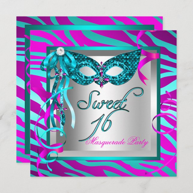 Aquamarines Hot Pink Zebra Masquerade Sweet 16 Sec Einladung (Vorne/Hinten)