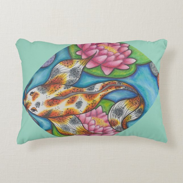 Aquamarines Kissen mit Koi Fisch und Lotus Art (Vorderseite)