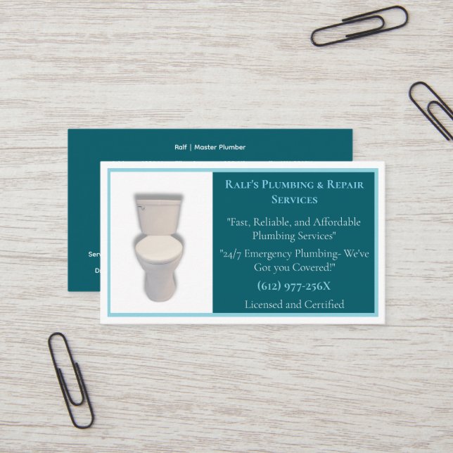 Aquamarines Klempnerwerk, dunkel, Toilette Visitenkarte (Vorderseite/Rückseite Beispiel)