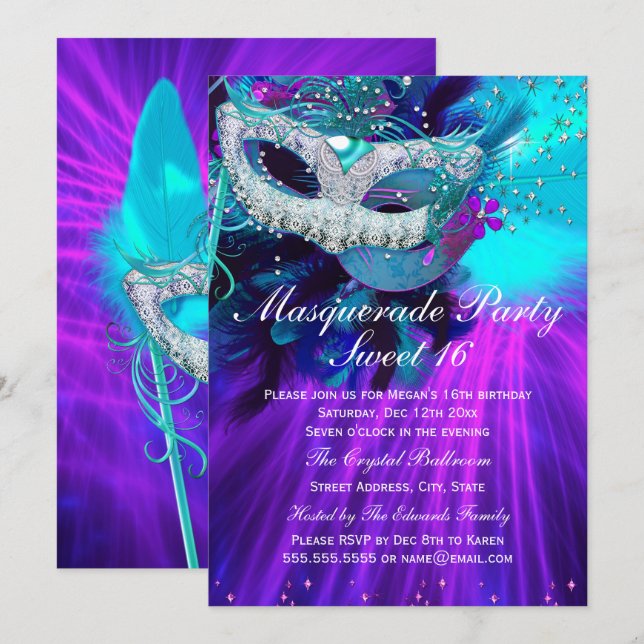 Aquamarines Lila Feather Masked Masquerade Party Einladung (Vorne/Hinten)