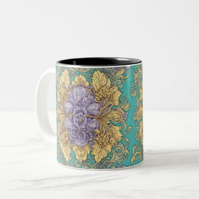 Aquamarines Lila Gelbmuster Zweifarbige Tasse (Vorderseite Links)