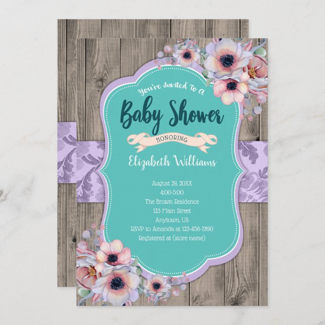 Aquamarines Lila Holz Wasserfarbe Blume Kinderdusc Einladung (Vorne/Hinten)
