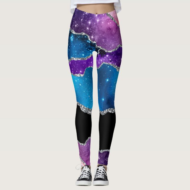Aquamarines Lila Silver Marble Agate und Glitzer Leggings (Vorderseite)