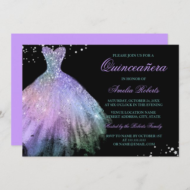 Aquamarines Lila Sparkle Dress Quinceanera Einladu Einladung (Vorne/Hinten)