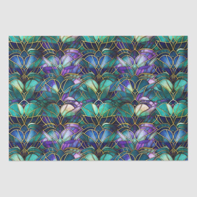 Aquamarines, Lila und goldgefestigtes Pfauenglas Seidenpapier (Vorderseite)