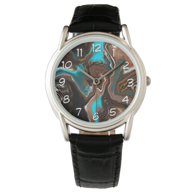 Aquamarines Marmorwasser Braun und Blau Kunst Armbanduhr (Vorderseite)