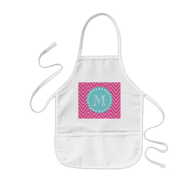 Aquamarines Monogramm des heißes Rosa-Zickzack Kinderschürze (Vorne)