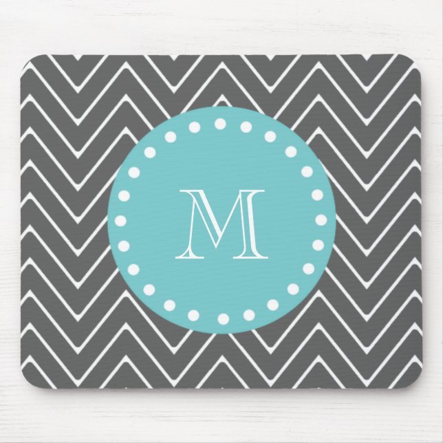 Aquamarines Monogramm des Holzkohlen-Grau-Zickzack Mousepad (Vorne)