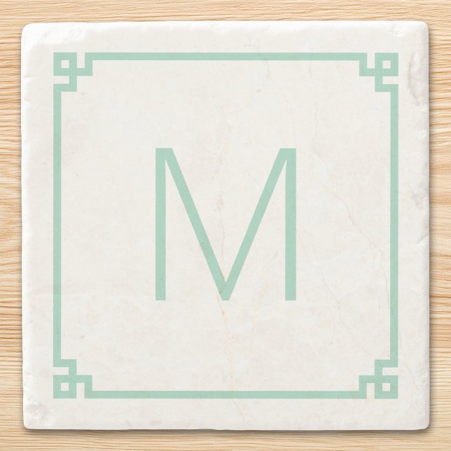 Aquamarines Monogramm für die griechische Tastenbe Steinuntersetzer (Light Teal Greek Key Border Monogram Stone Coaster)