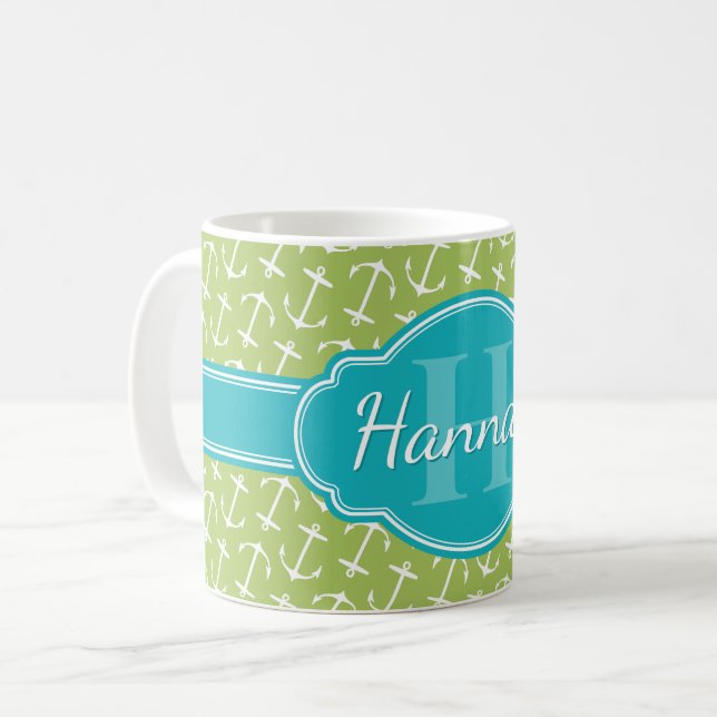 Aquamarines Monogramm für die grüne Ankerform Kaffeetasse (Vorderseite Links)