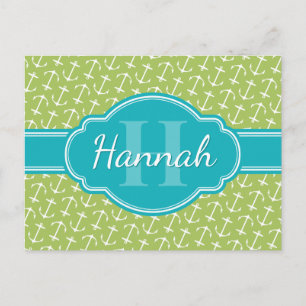 Aquamarines Monogramm für die grüne Ankerform Postkarte