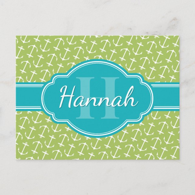 Aquamarines Monogramm für die grüne Ankerform Postkarte (Vorderseite)