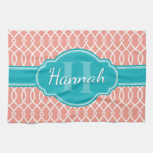 Aquamarines Monogramm in rosa weißem, elegantem Gi Geschirrtuch