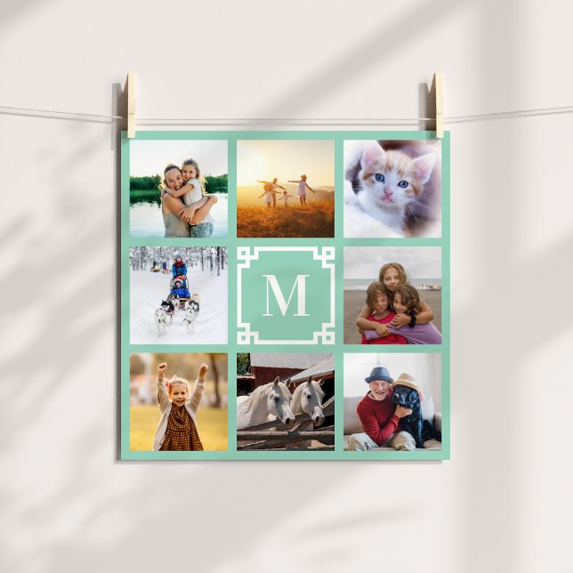 Aquamarines Monogramm mit griechischem Schlüssel 8 Poster (Light Teal Greek Key Monogram 8 Photo Collage Poster)