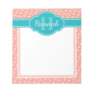 Aquamarines Monogramm, rosa, weißes Ankermuster Notizblock