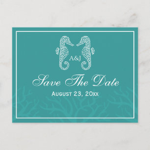 Aquamarines Monogramm Seepferd Save the Date Postk Ankündigungspostkarte