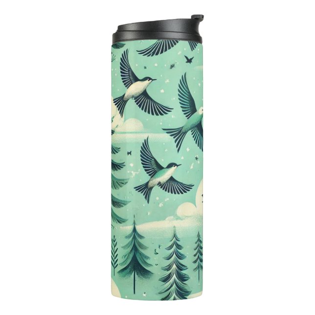 Aquamarines Muster für Grünwälder und Vögel Thermosbecher (Nach links gedreht)