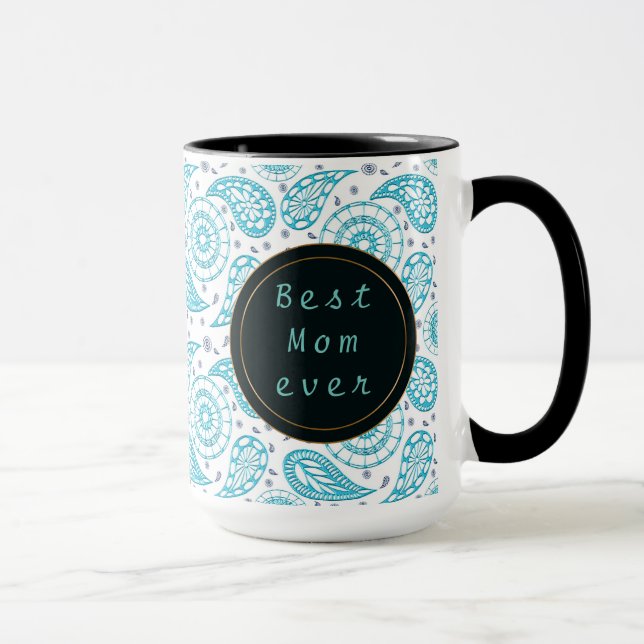 Aquamarines Muster Paisleys. Text Tasse (Rechts)