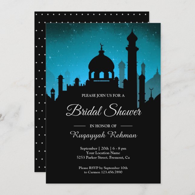 Aquamarines Night Sky Arabian Nights Brautparty Einladung (Vorne/Hinten)