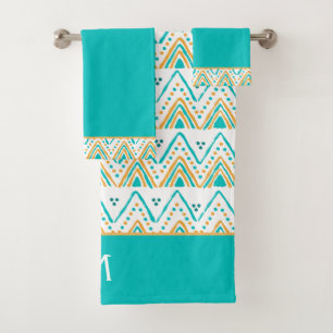 Aquamarines Orange Boho Tribal Pattern Monogramm Badhandtuch Set