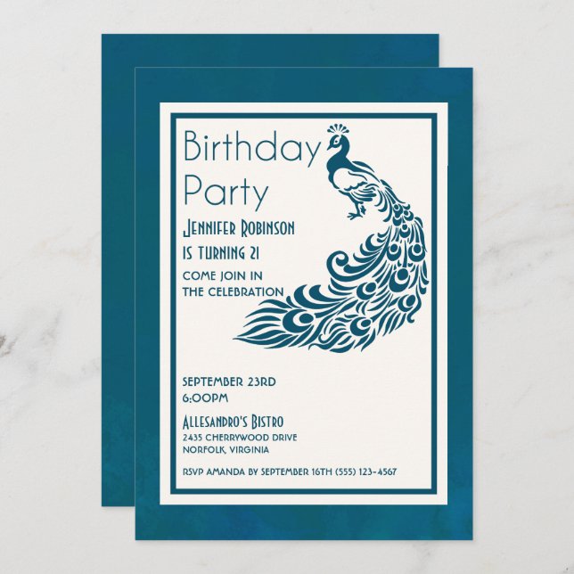 Aquamarines Peacock l Chic Stilvolles Design Gebur Einladung (Vorne/Hinten)
