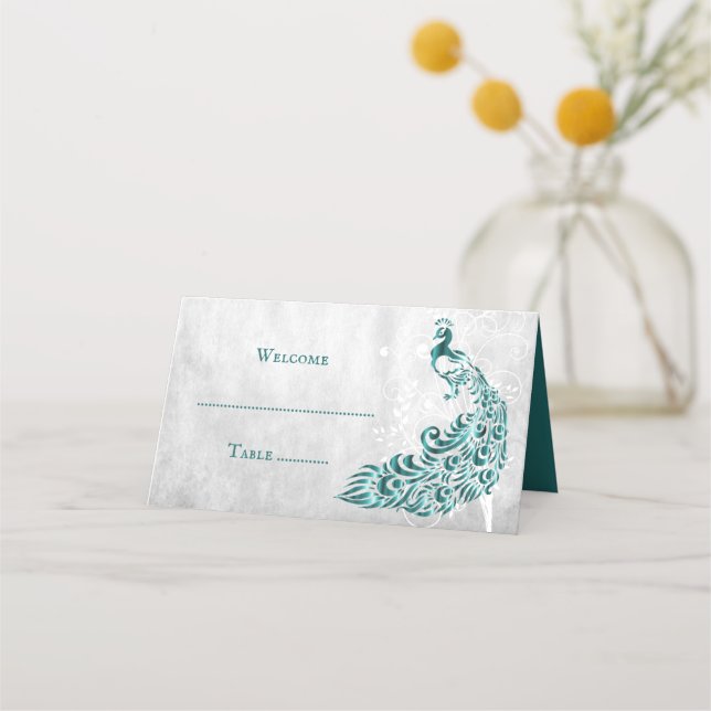 Aquamarines Pfauenleaf Empfang Platzkarte (Vorderseite)