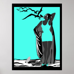 Aquamarines Poster ART DECO LADY Schwarz-weiße Vög