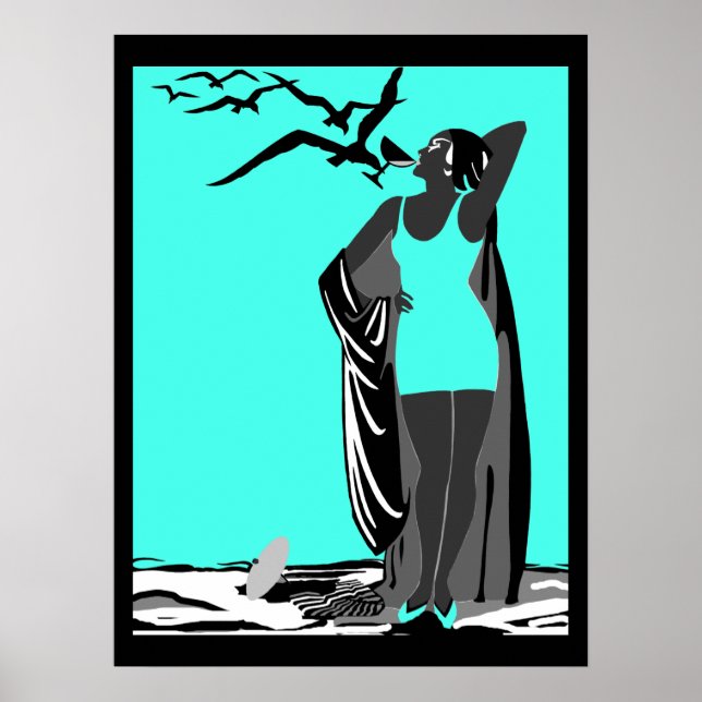 Aquamarines Poster ART DECO LADY Schwarz-weiße Vög (Vorne)