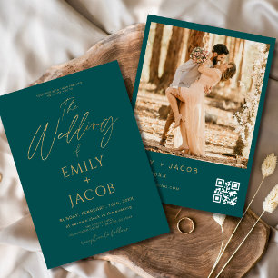 Aquamarines QR-Foto-Skript für Green Gold-Hochzeit Einladung