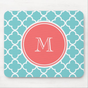 Aquamarines Quatrefoil Muster, korallenrotes Mousepad