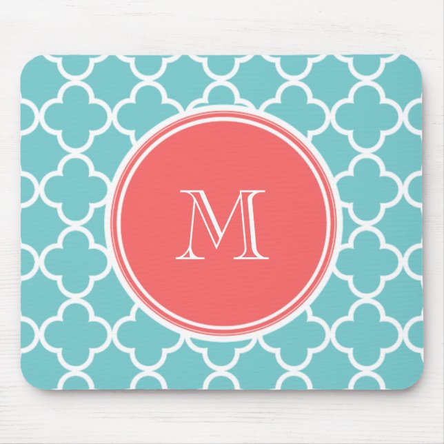Aquamarines Quatrefoil Muster, korallenrotes Mousepad (Vorne)