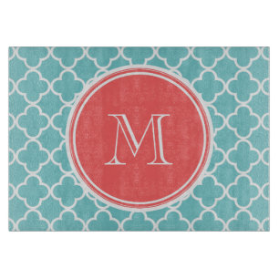 Aquamarines Quatrefoil Muster, korallenrotes Schneidebrett