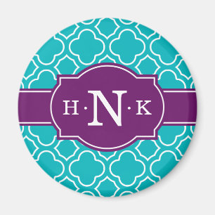 Aquamarines Quatrefolienmuster Lila Monogramm Magnet