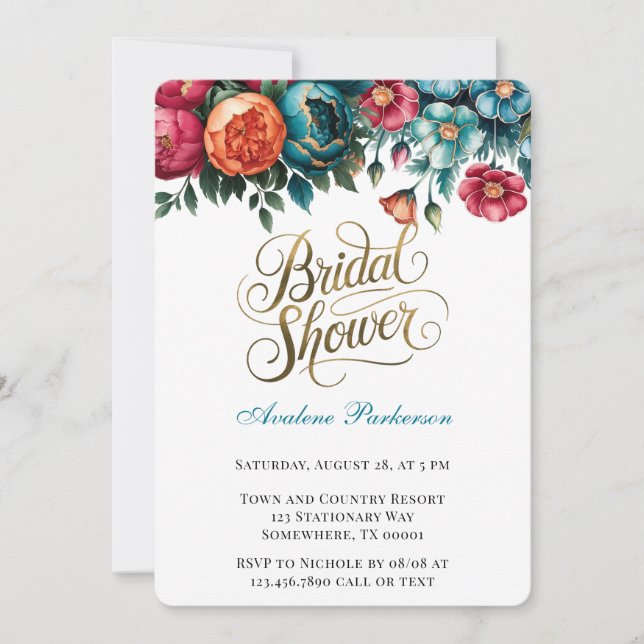 Aquamarines Red Orange Peony Gold Brautparty Einladung (Vorderseite)