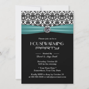 Aquamarines Ribbon Elegantes Damask Housewarming P Einladung