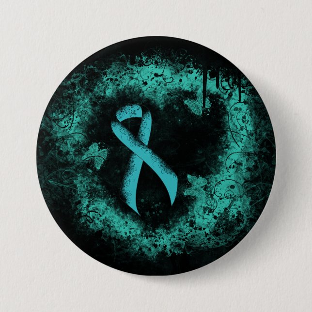 Aquamarines Ribbon Grunge Herz Button (Vorderseite)