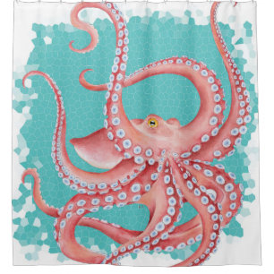 Aquamarines rotes Octopus-Buntglas Duschvorhang