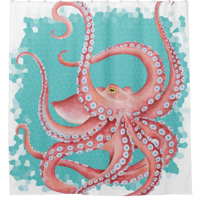 Aquamarines rotes Octopus-Buntglas Duschvorhang (Vorderseite)