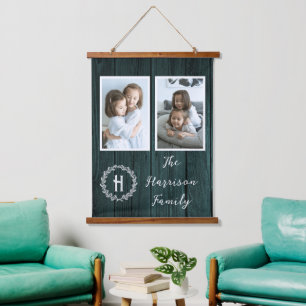 Aquamarines Rustikales Monogramm-Foto Wandteppich Mit Holzrahmen