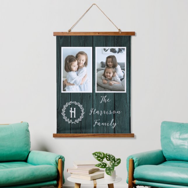 Aquamarines Rustikales Monogramm-Foto Wandteppich Mit Holzrahmen (Wohnzimmer)
