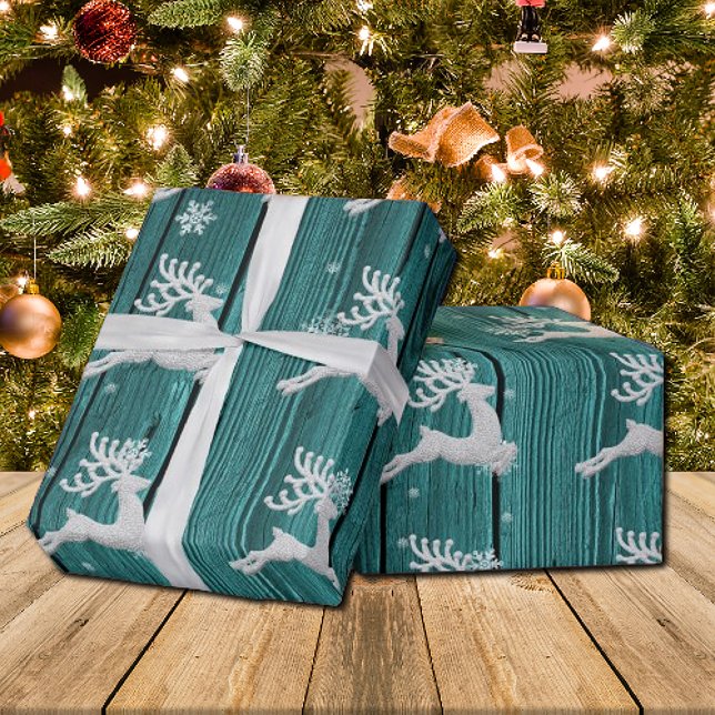 Aquamarines Rustikales Weihnachtswackelpapier Geschenkpapier (Teal Rustic Christmas Reindeer Wrapping Paper)