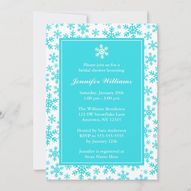 Aquamarines Schneeflocken-Grenz-Brautparty Einladung (Vorderseite)