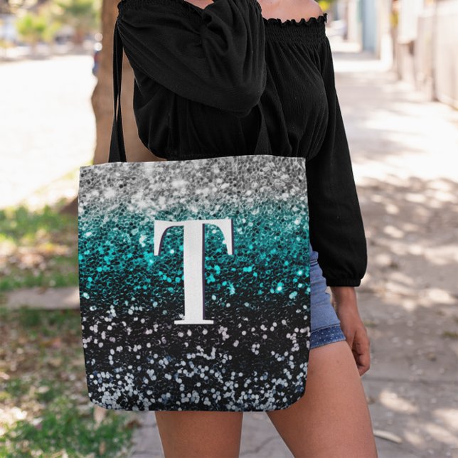 Aquamarines Schwarz-Gradient-Chunky-Glitzer-Monogr (Silver Teal and Black Chunky Glitter Monogram Tote)