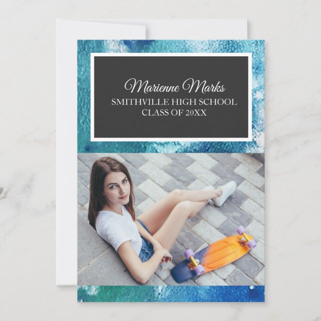 Aquamarines Schwarzes Foto Abschluss Uni Trunk Par Einladung (Vorderseite)