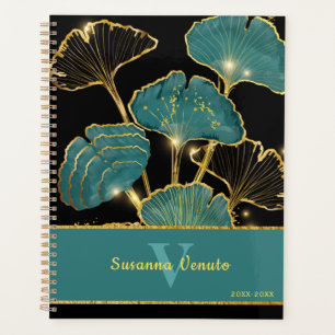 Aquamarines Schwarzes Ginkgo Leaf Botanische Kunst Planer
