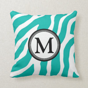 Aquamarines schwarzes Zebra-Monogramm-dekoratives Kissen