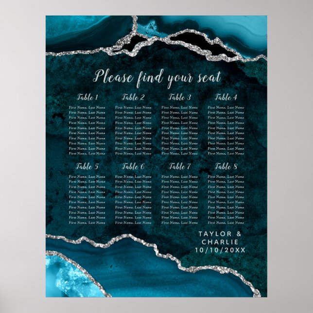 Aquamarines Silber-Agate-Hochzeitstabelle für 8 Ti Poster (Vorne)