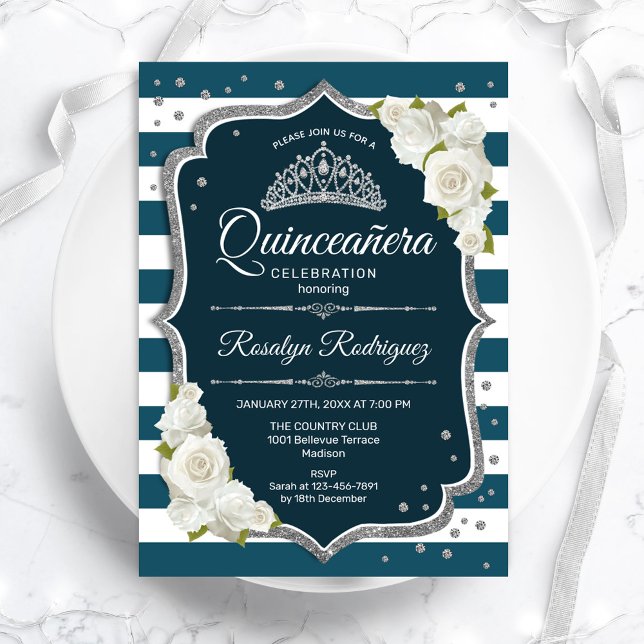 Aquamarines Silver White Elegante Quinceanera Einladung (Von Creator hochgeladen)