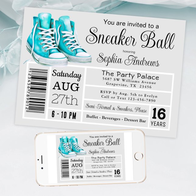Aquamarines Sneaker Ball Geburtstagsparty Showlabe Einladung (Teal sneaker ball invitation shoe label style. Available for instant download and print.)